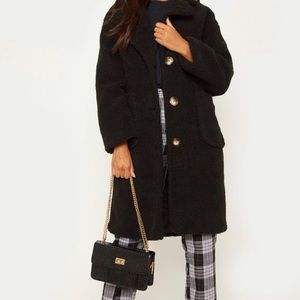 PrettyLittleThing Black Teddy Coat - Size 6
